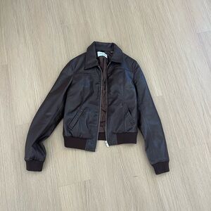 Brown leather bomber